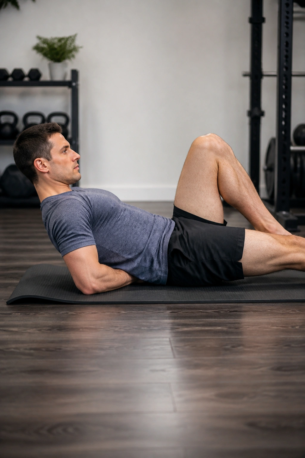 Person performing McGill curl-up on mat with knees bent