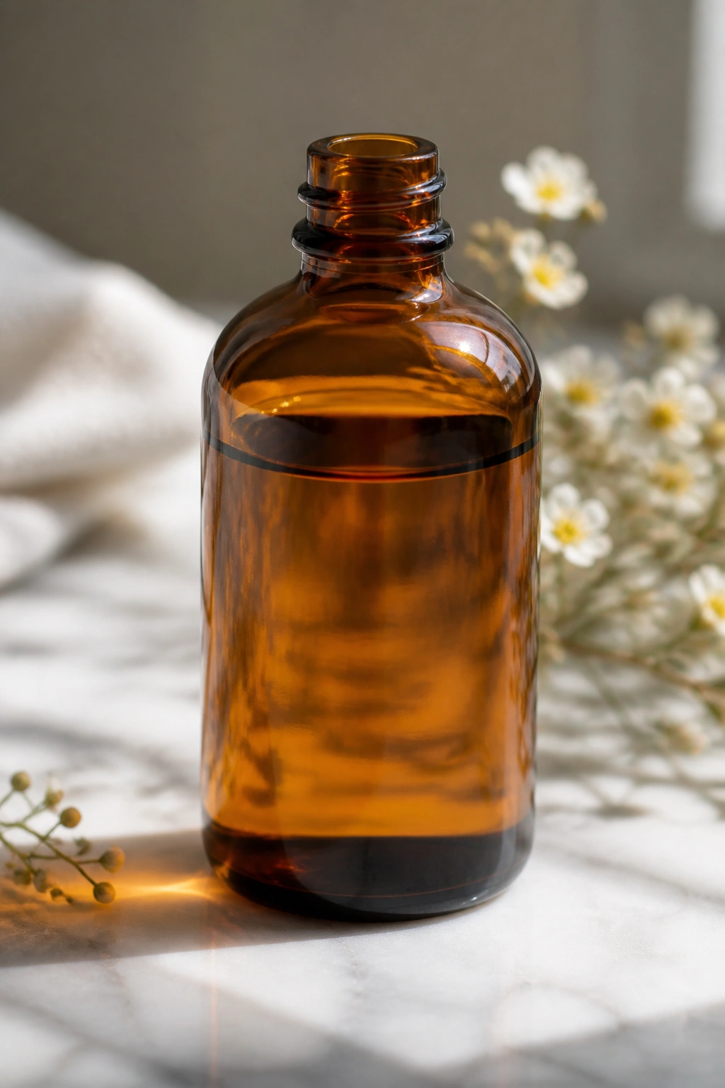 Close-up of meadowfoam seed oil bottle on counter