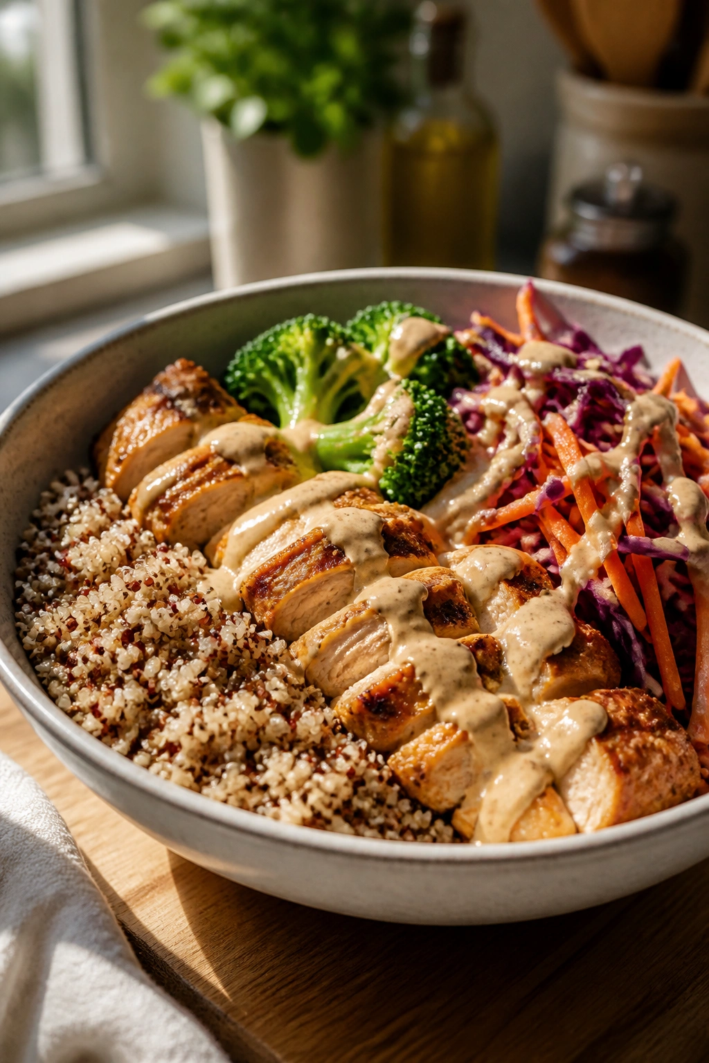 Close-up bowl showing base, protein, vegetables, and sauce arranged to illustrate a meal formula