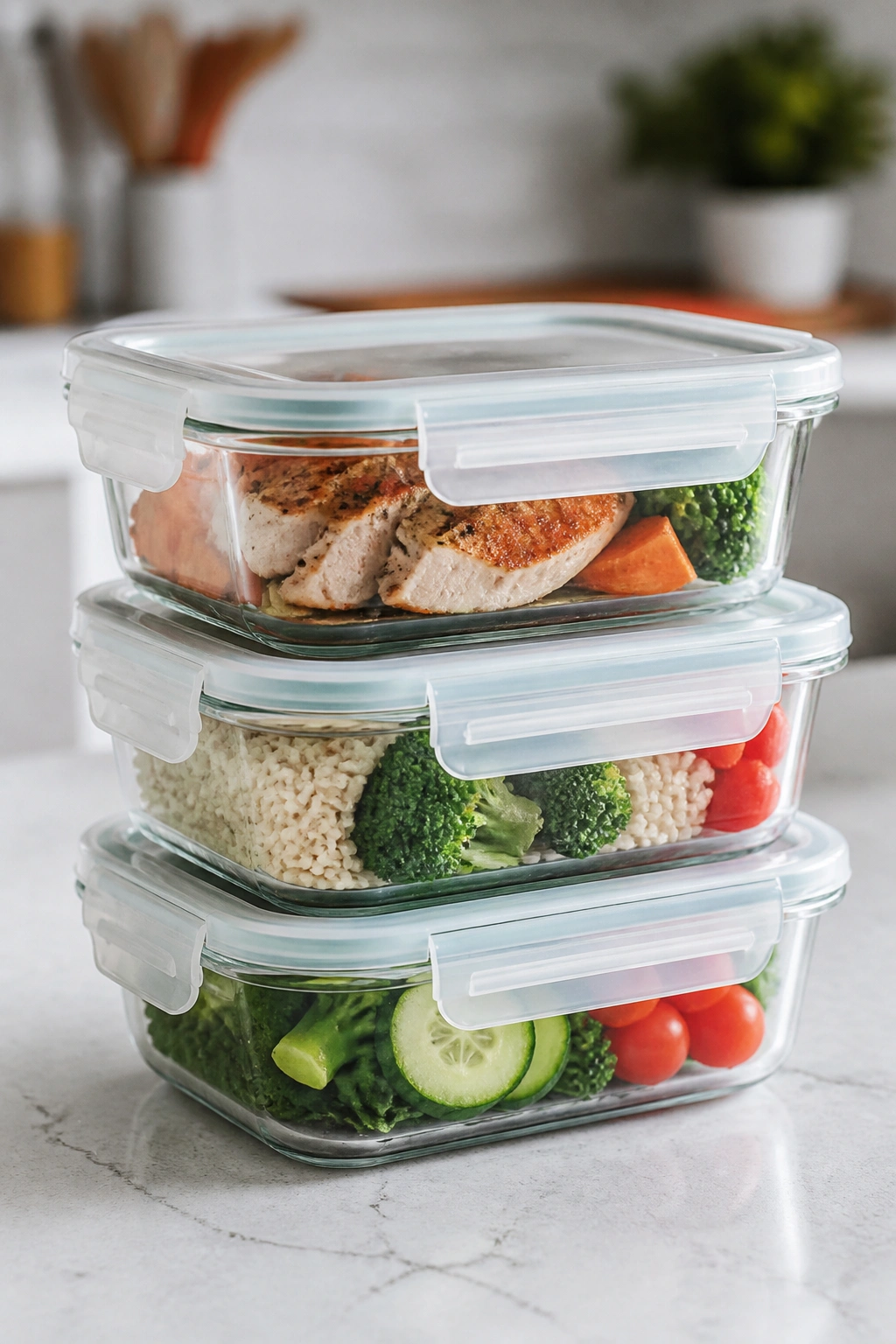 Close-up of sealed glass meal prep containers on kitchen counter