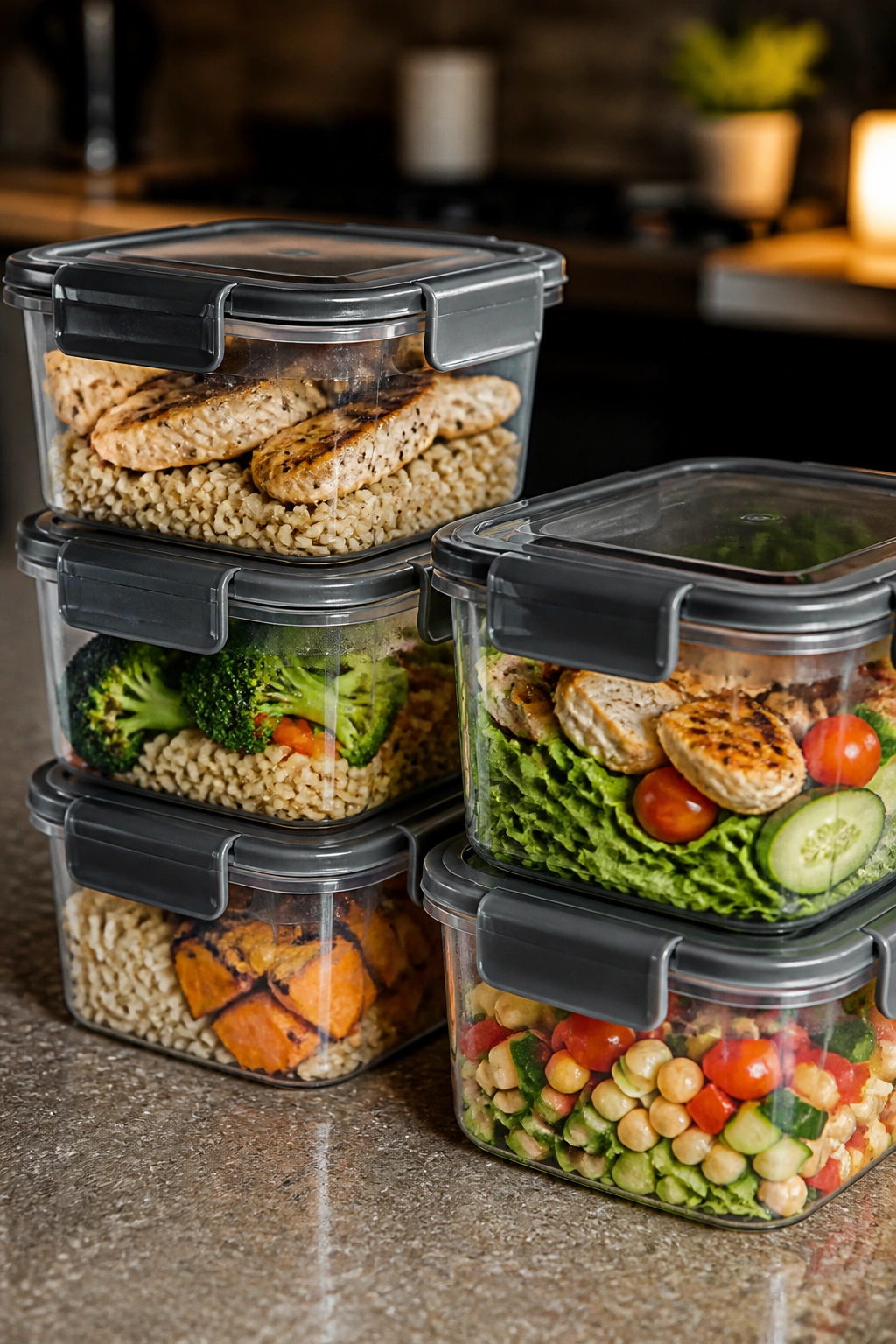 Stacked meal-prep containers ready for lunch the next day.