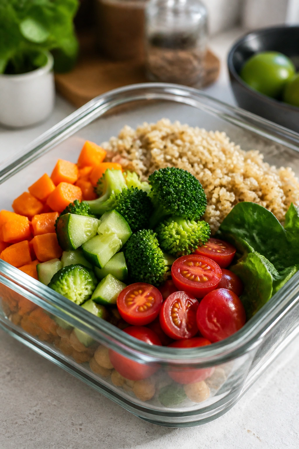 Meal-prep container with vegetables and grains ready for tomorrow