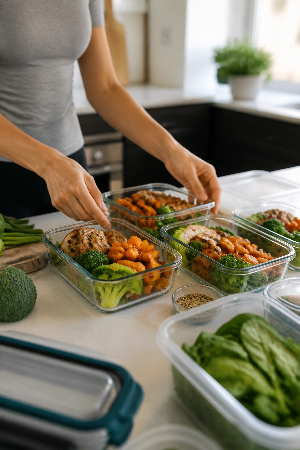 Hands arranging meal-prep containers on a kitchen counter for weekly reset