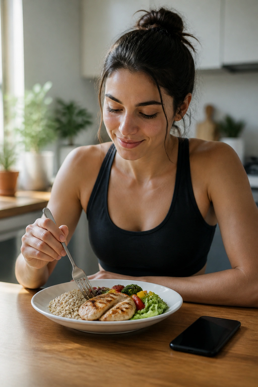 Person eating a balanced meal at a kitchen table with a phone face-down nearby.