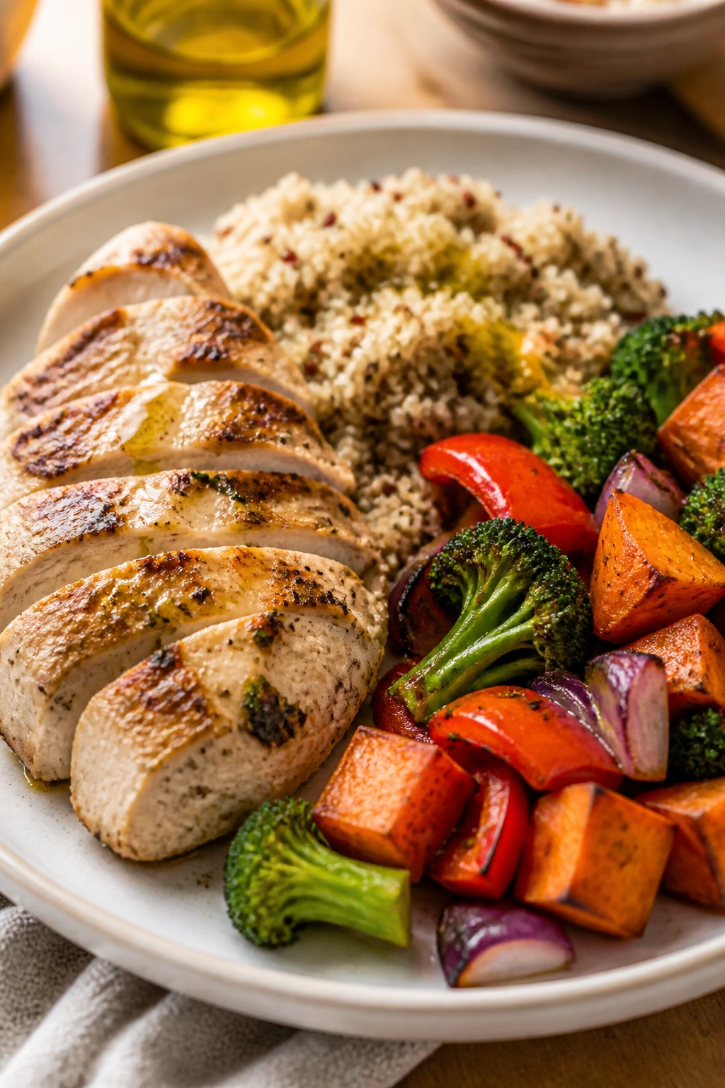 Balanced plate showing protein, fiber, and fats to curb snacking.