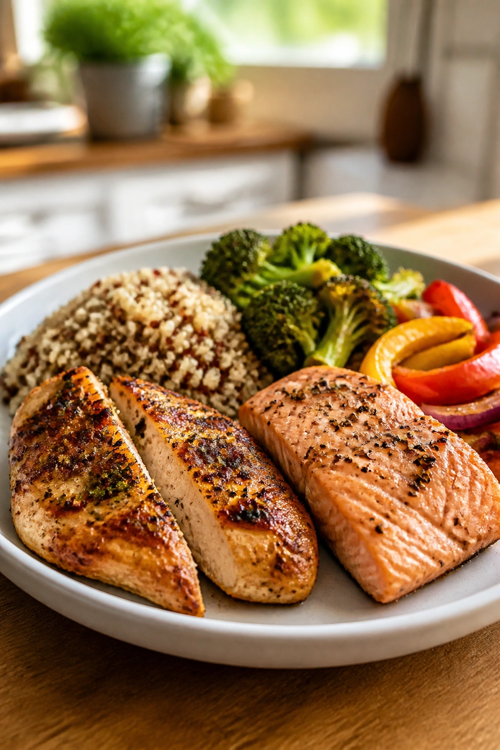 Close-up plate of a balanced, plant-friendly meal on a wooden table.