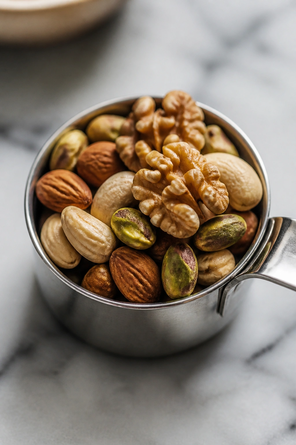 One-ounce portion cup of mixed nuts on a kitchen counter