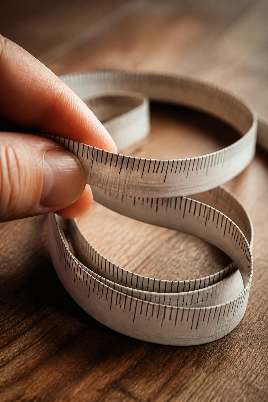 Close-up of a measuring tape held by fingers with numbers facing away