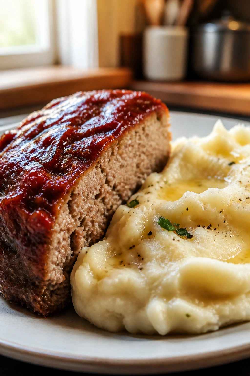 Slice of meatloaf with mashed potatoes on plate