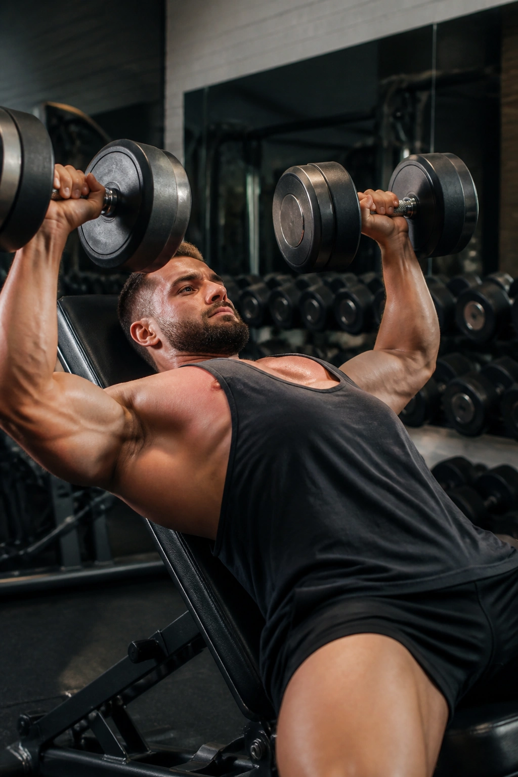 Lifter performing incline dumbbell press as part of a mechanical drop-set in a gym
