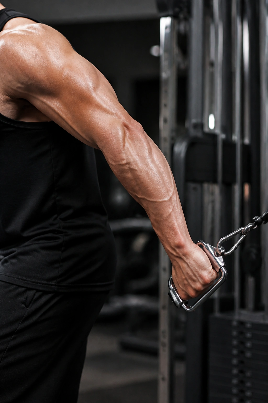 Arm performing a cable kickback in a gym during a drop-set