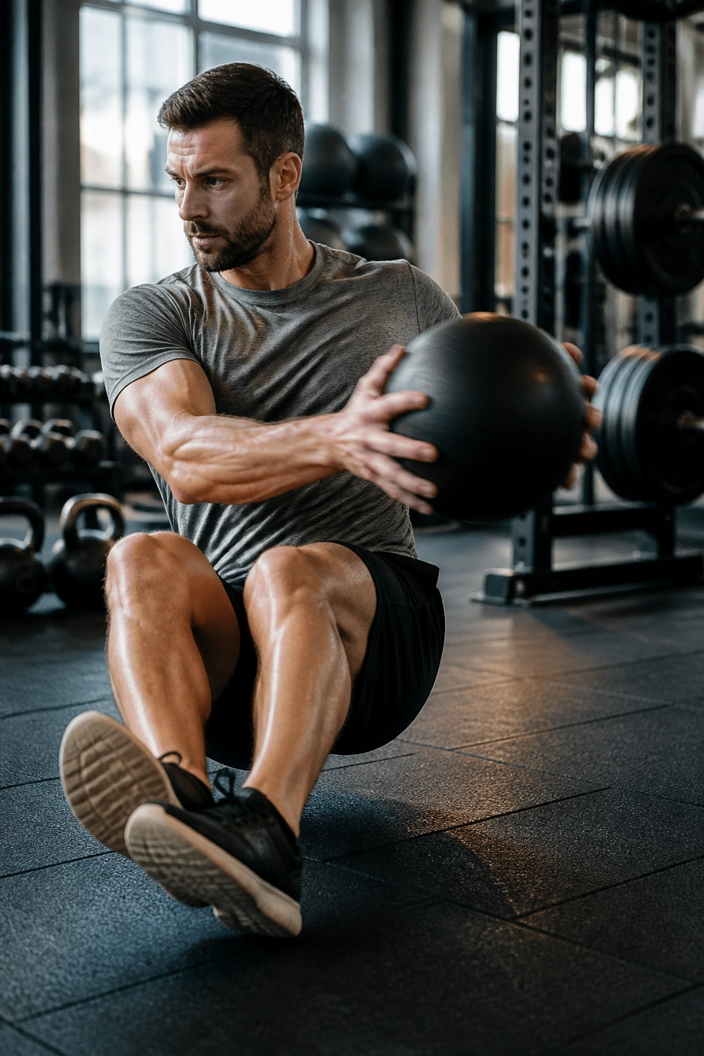 Person performing medicine ball rotational throw in gym