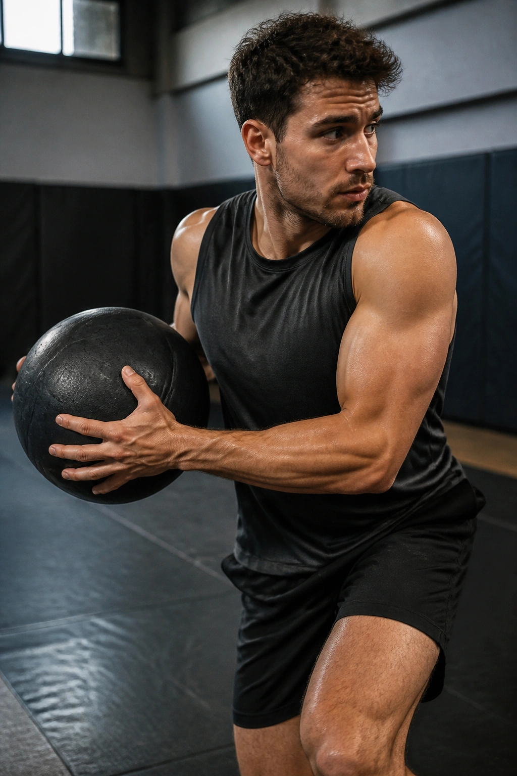 Athlete twisting with medicine ball for rotational throws in training space