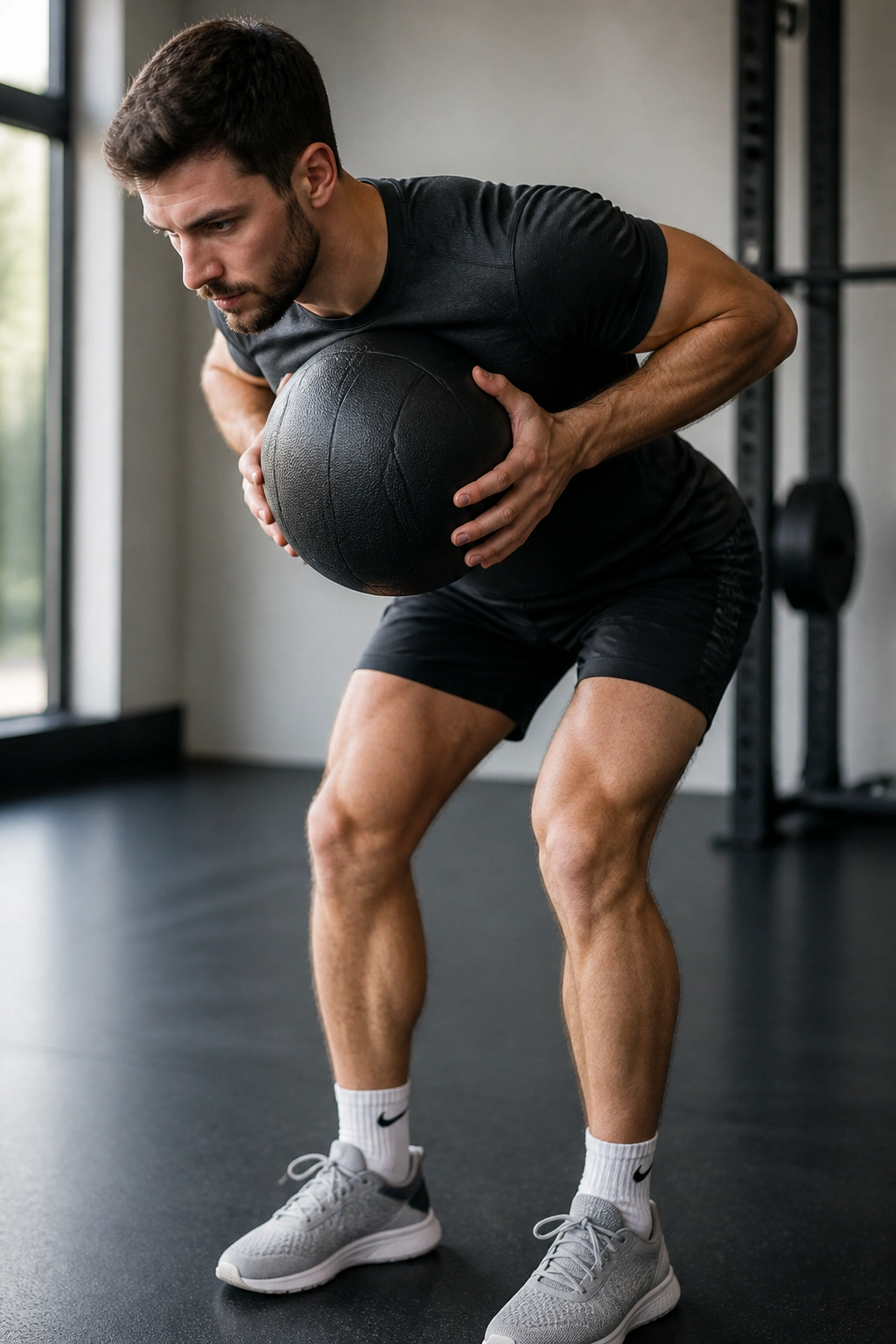 Person performing bent-over row with medicine ball in gym