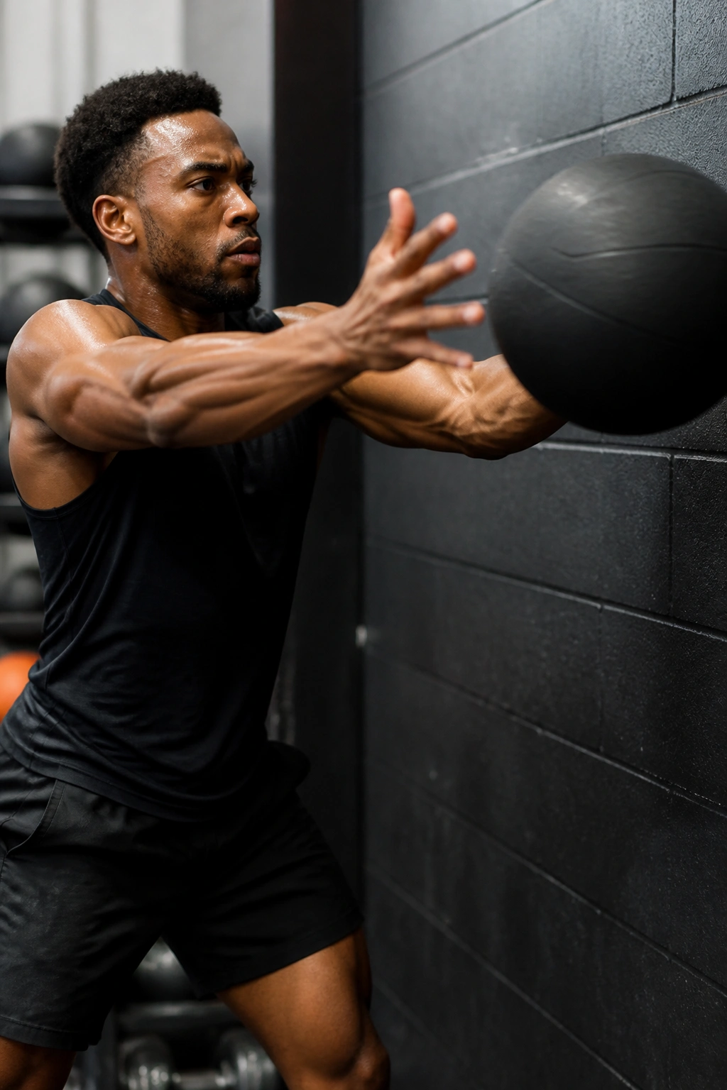 Athlete performing medicine ball chest pass in gym