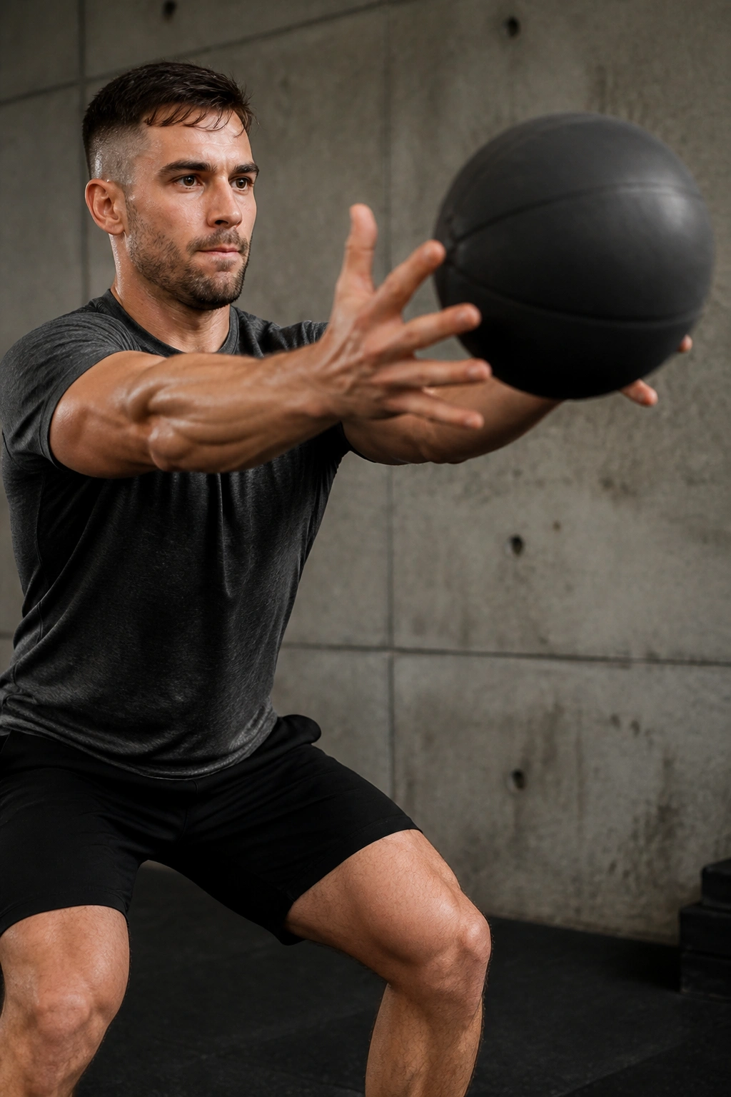 Close-up of athlete performing explosive medicine ball chest pass in gym