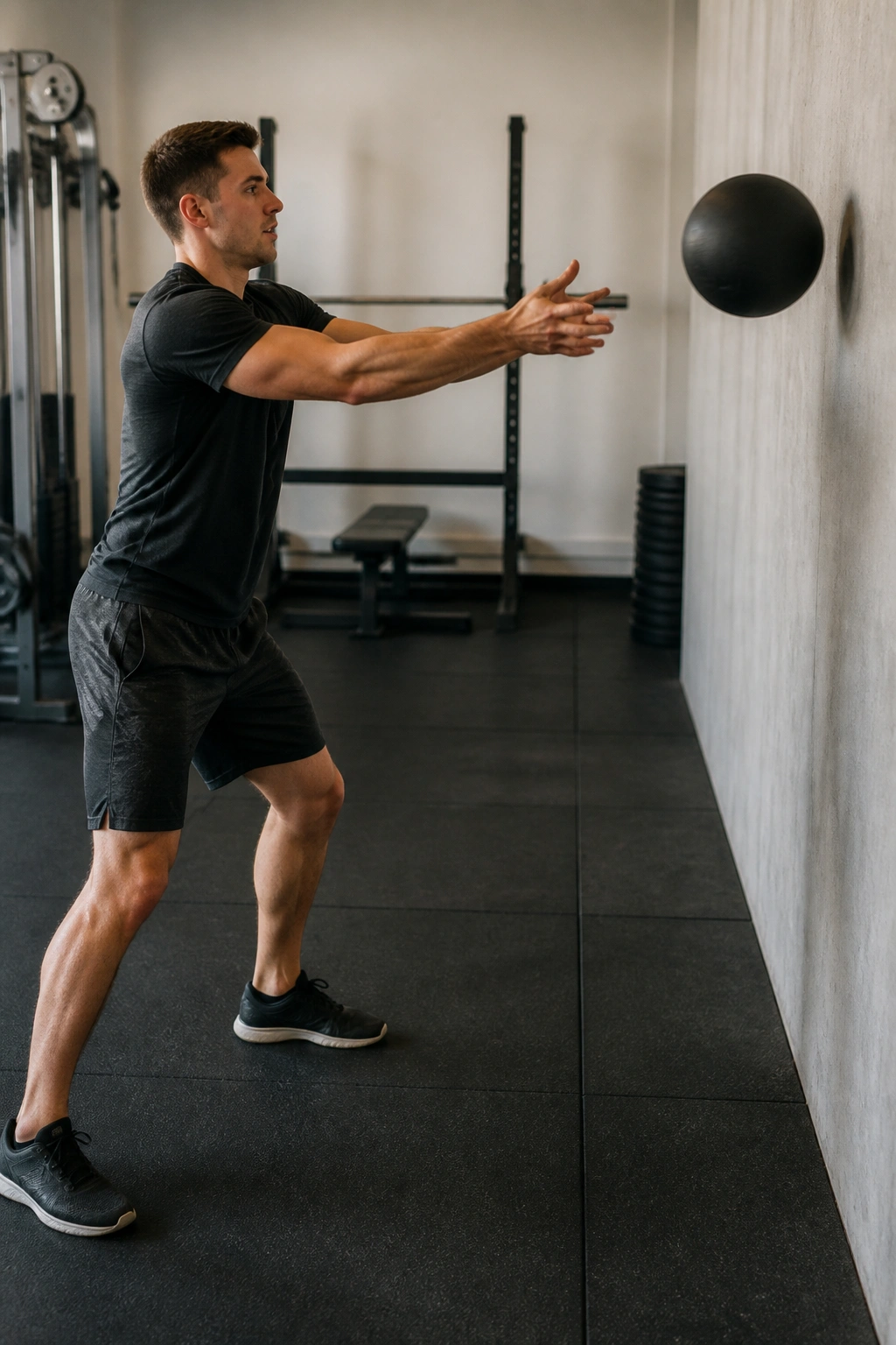 Torso in mid-throw with medicine ball heading to wall in gym