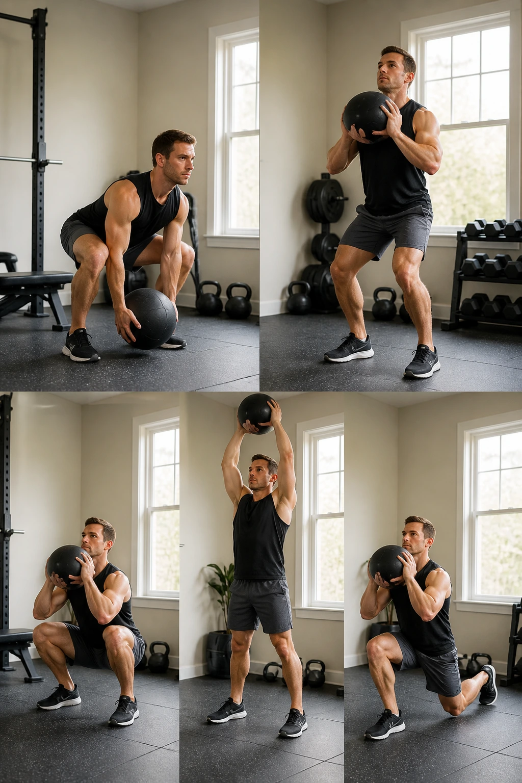 Person performing a fluid medicine ball complex in home gym
