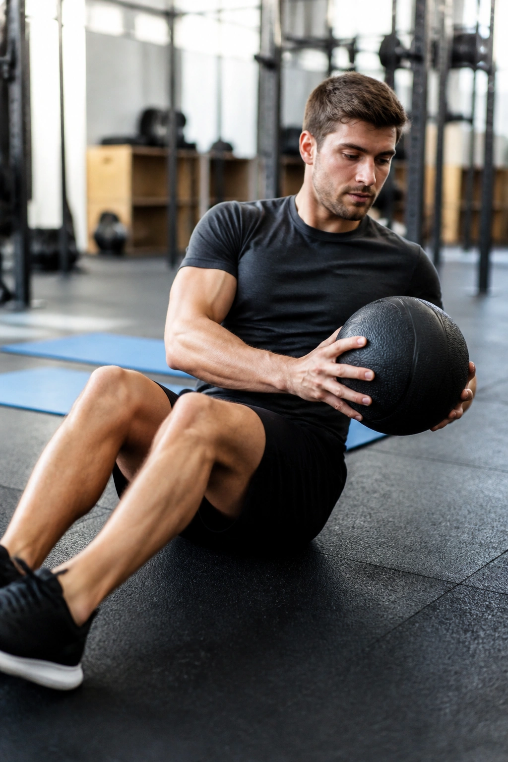 Athlete performing medicine ball rotations in gym