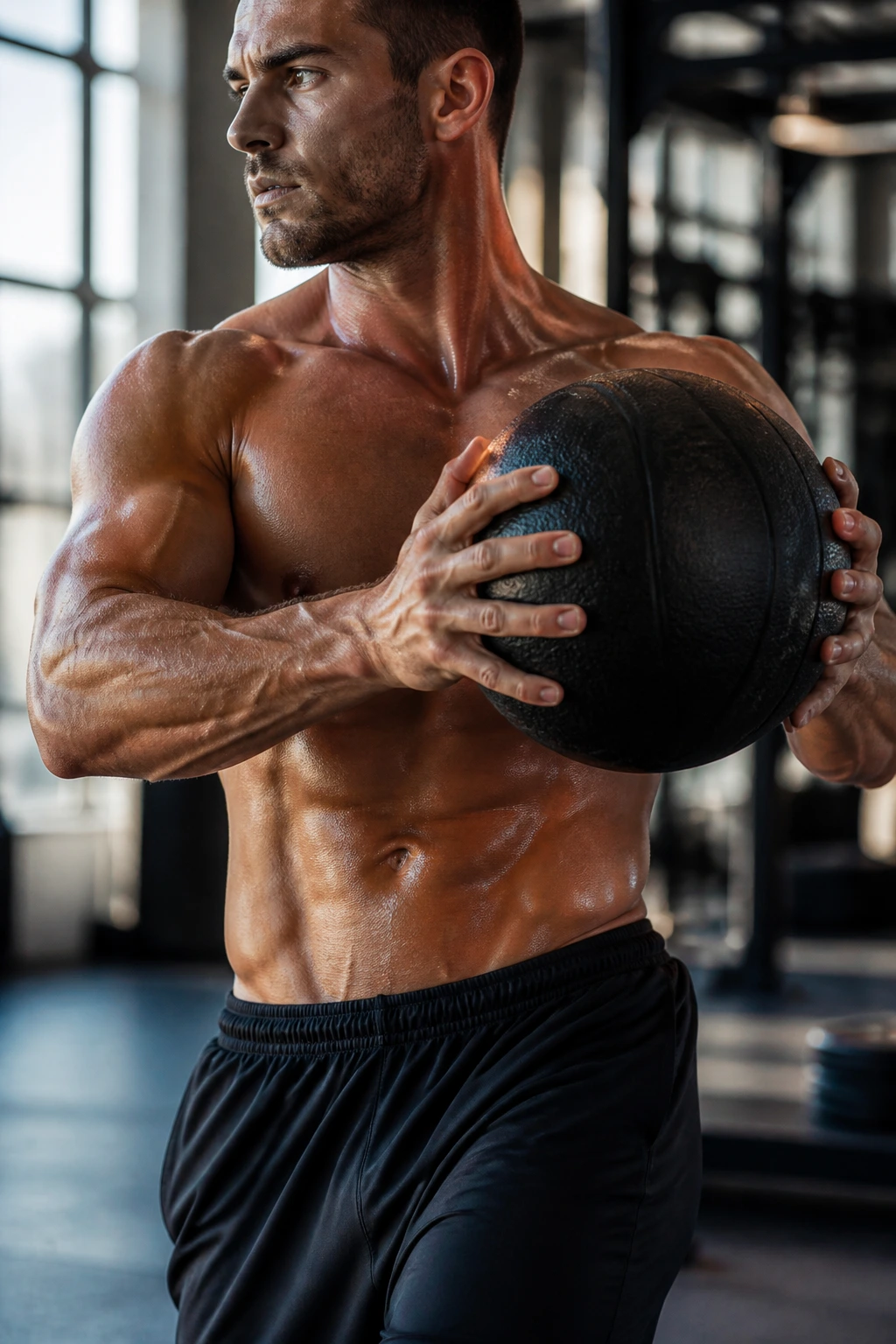 Close-up of athlete's braced torso during standing medicine ball core drill in gym
