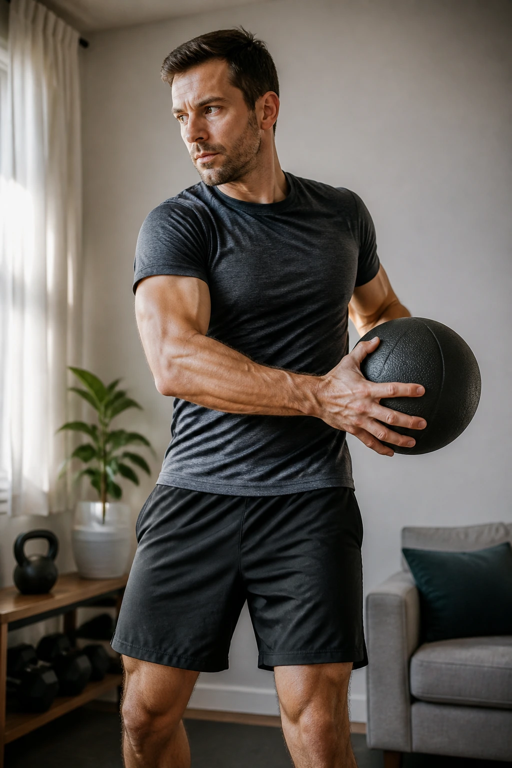 Person performing core circle around the waist with medicine ball
