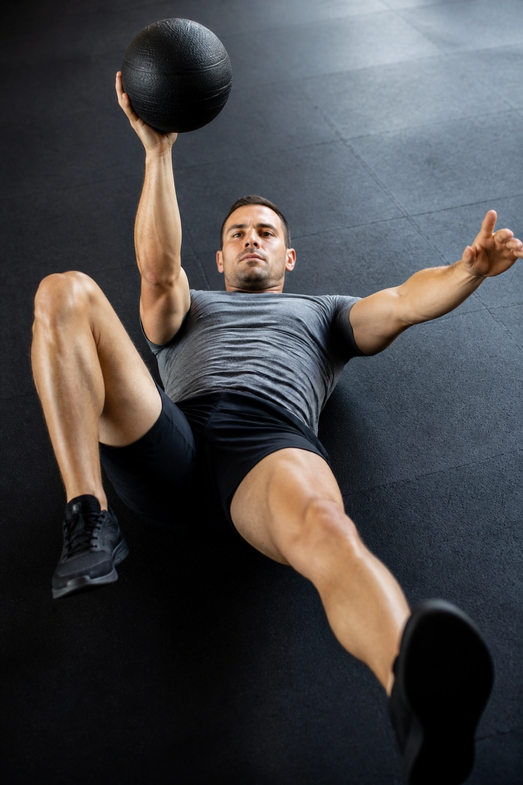 Person performing dead bug press with medicine ball over chest on gym mat