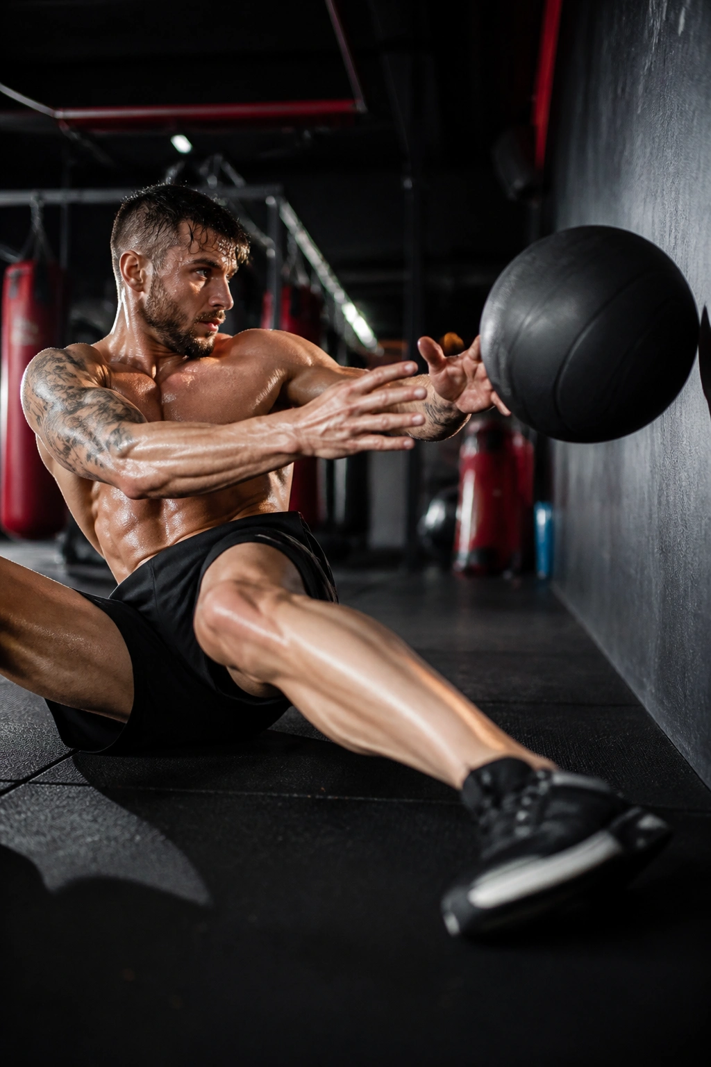 Boxer performing medicine-ball rotational throw in gym