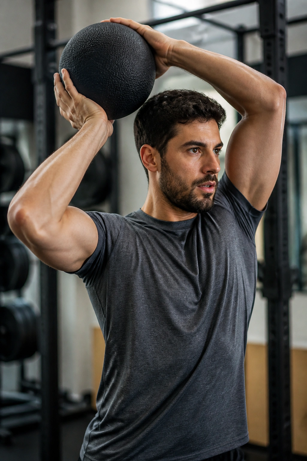 Person performing Medicine Ball Halo with ball circling around the head in a gym