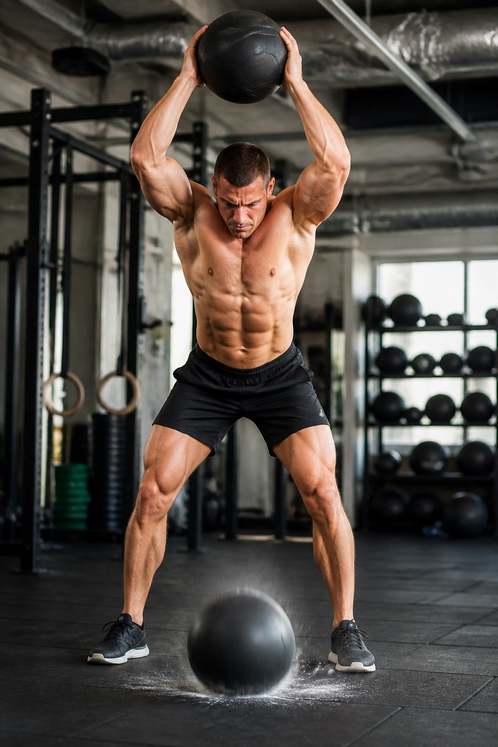 Athlete performing a medicine ball slam in a gym