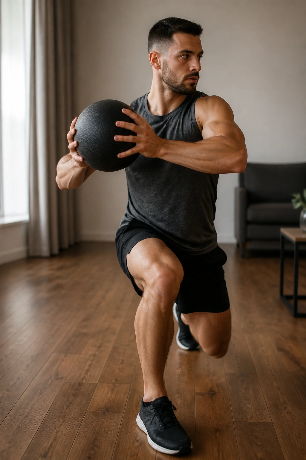 Medium close-up of a person performing reverse lunge with cross-body turn using a medicine ball in a home gym