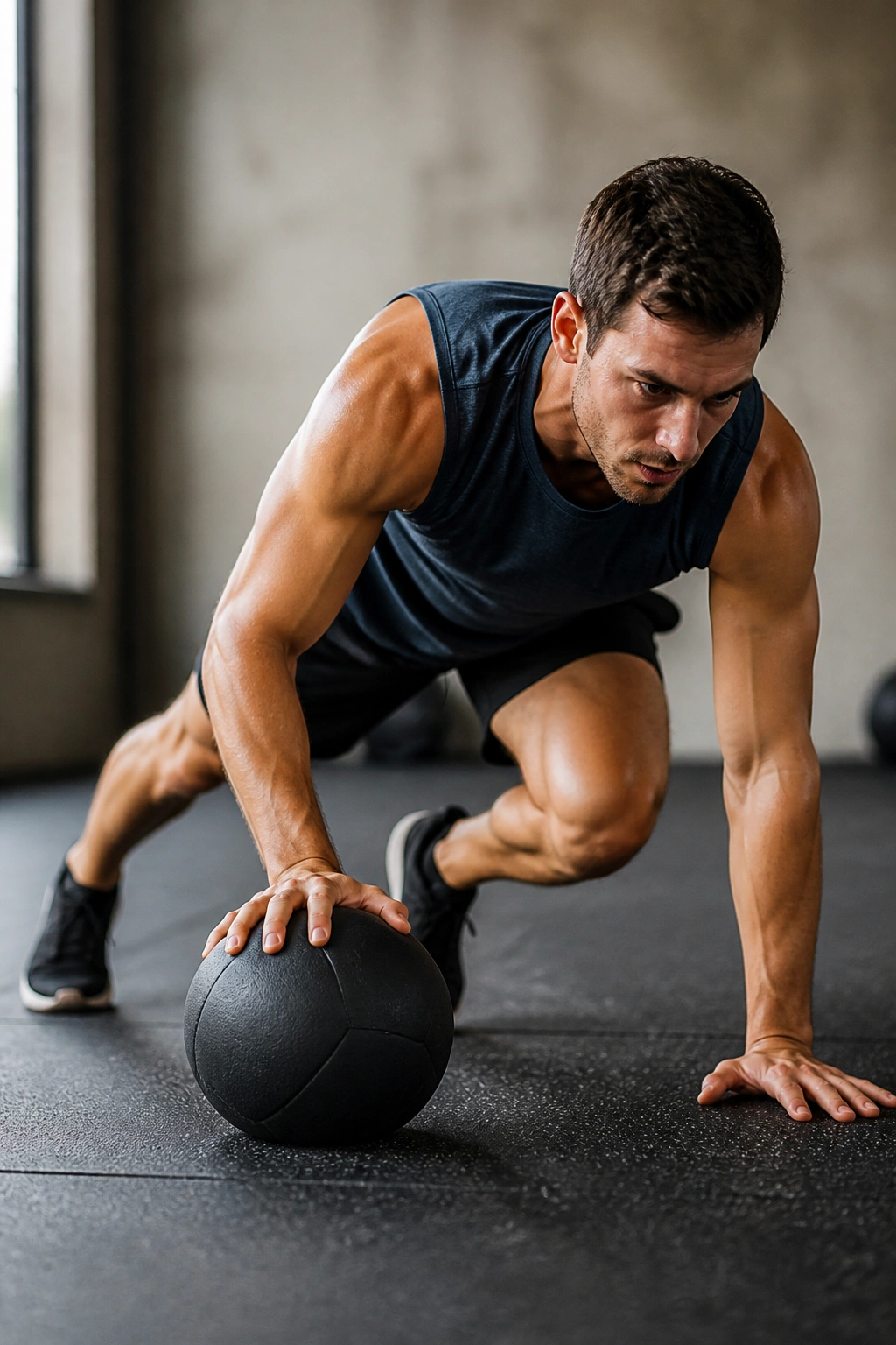 Athlete in high plank performing Medicine Ball Mountain Climber Drag with ball drag under chest, gym setting