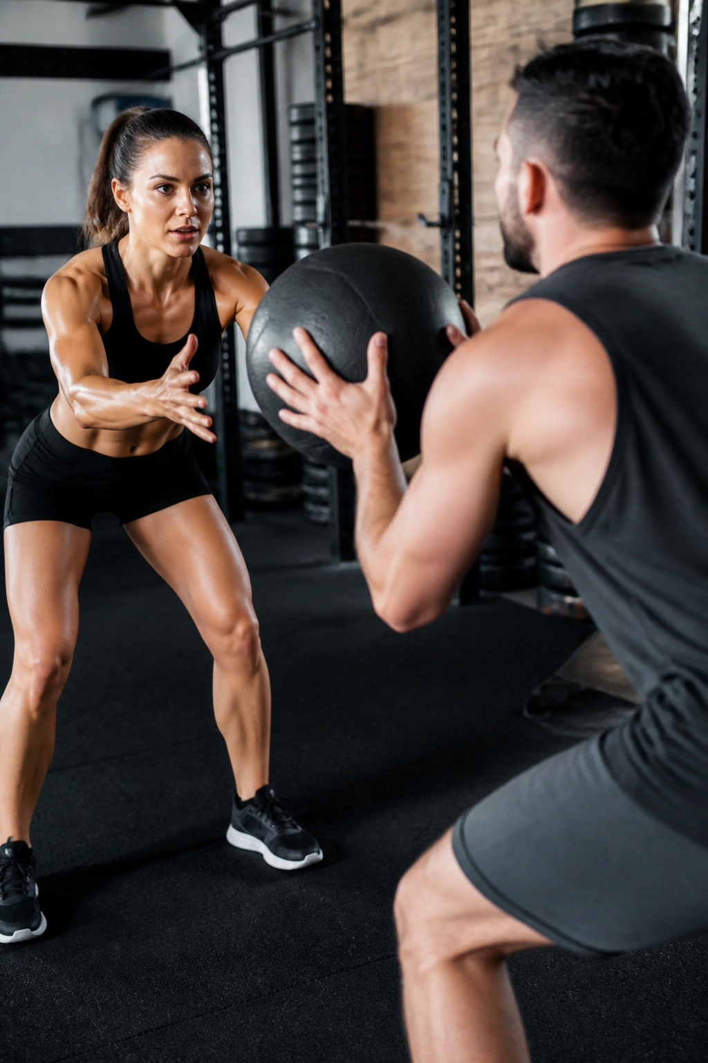 Two athletes performing partner med-ball circuit passes in gym.