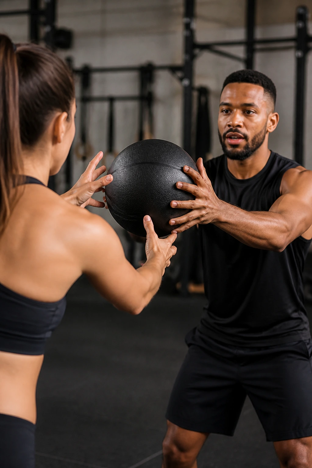 Two people passing a medicine ball between them during interval training in a gym
