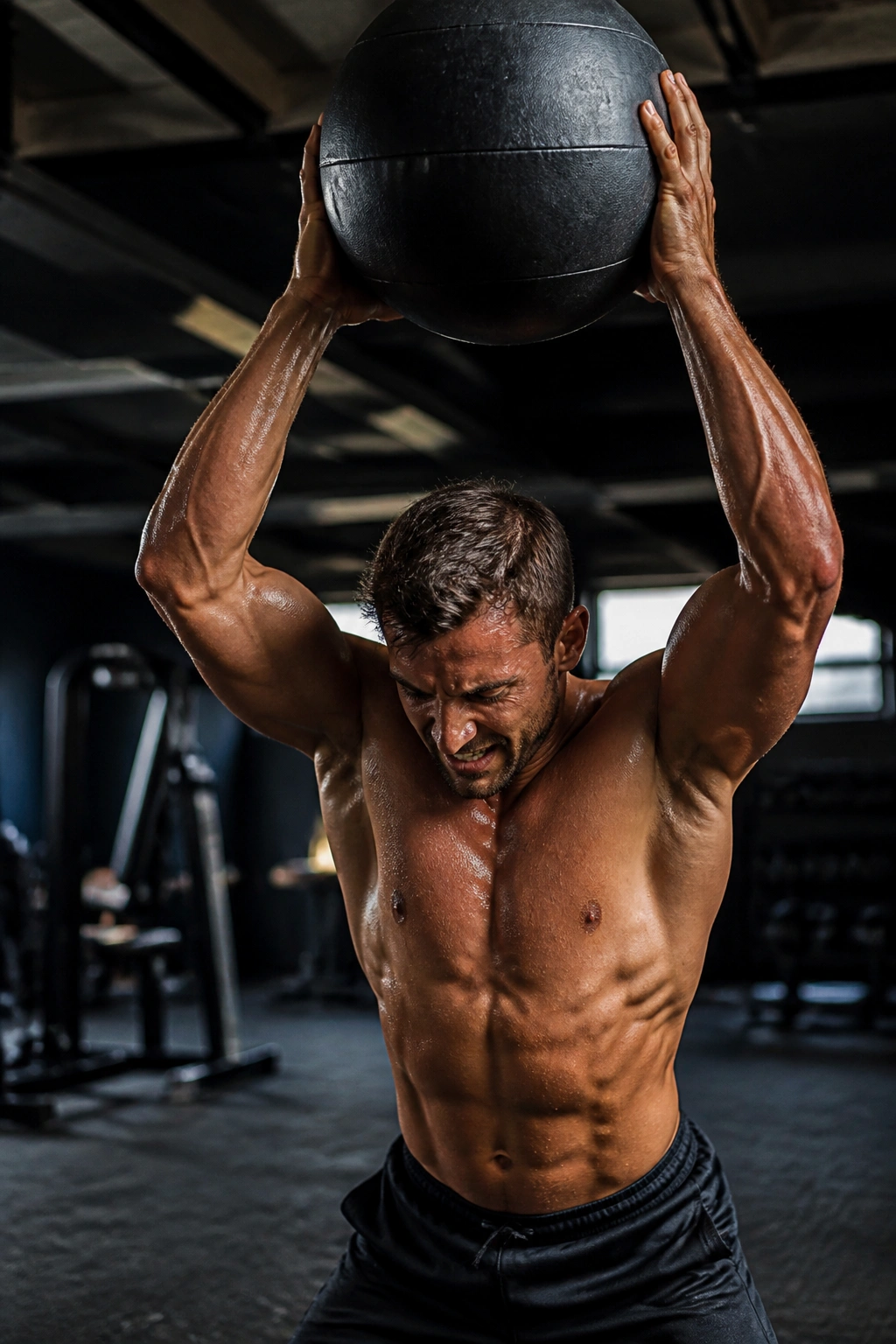 Athlete performing overhead slam with a medicine ball in a gym during HIIT