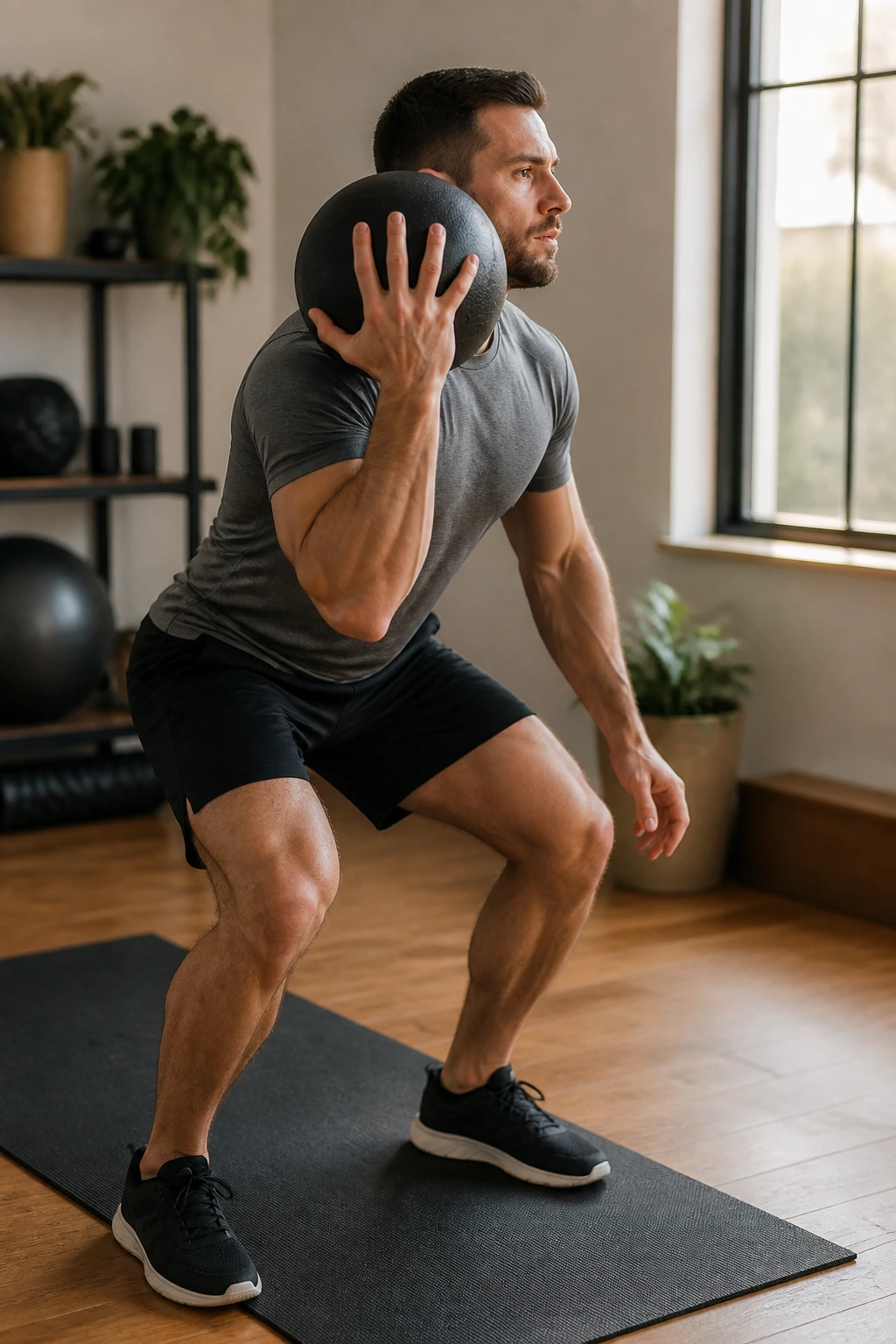 Person performing a single-arm medicine ball clean to push press in a home gym