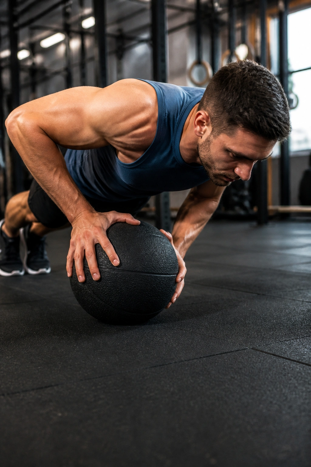 Person performing medicine ball push-up with hands on ball