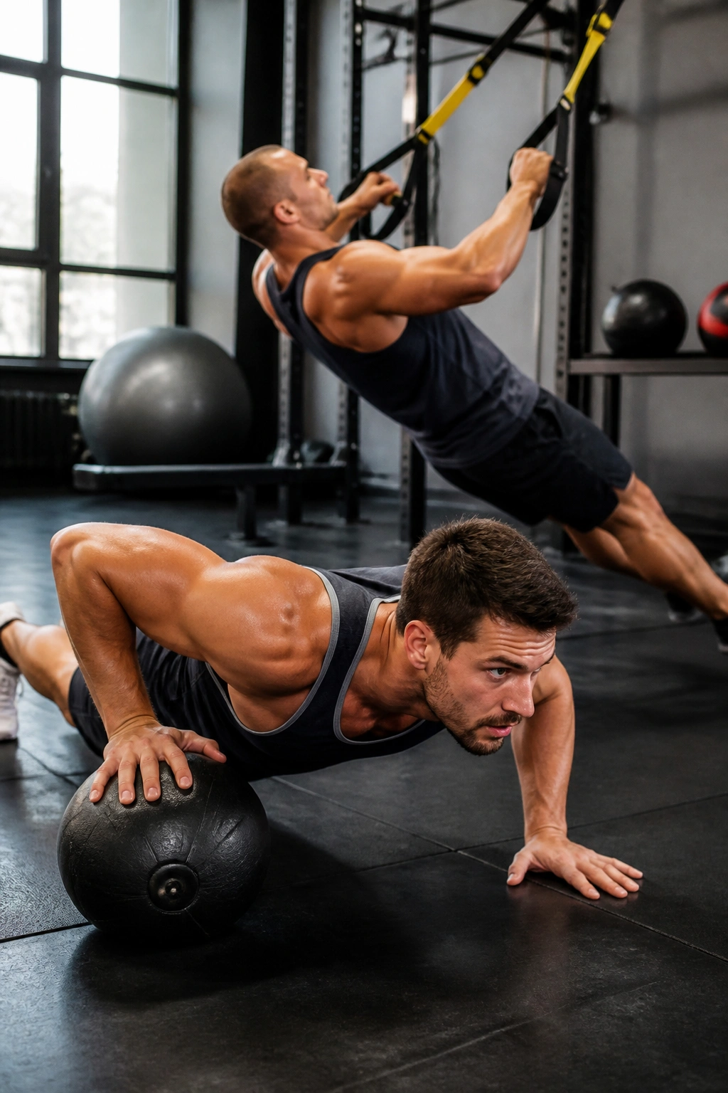 Athlete executing a medicine ball push-up with suspension rows visible in gym