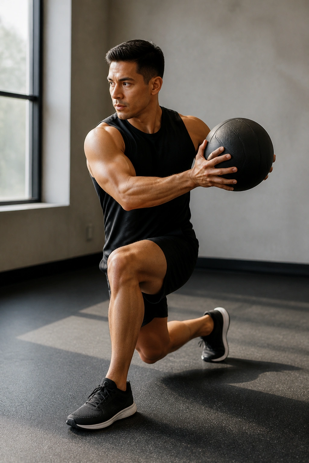 Athlete performing reverse lunge with rotation using medicine ball