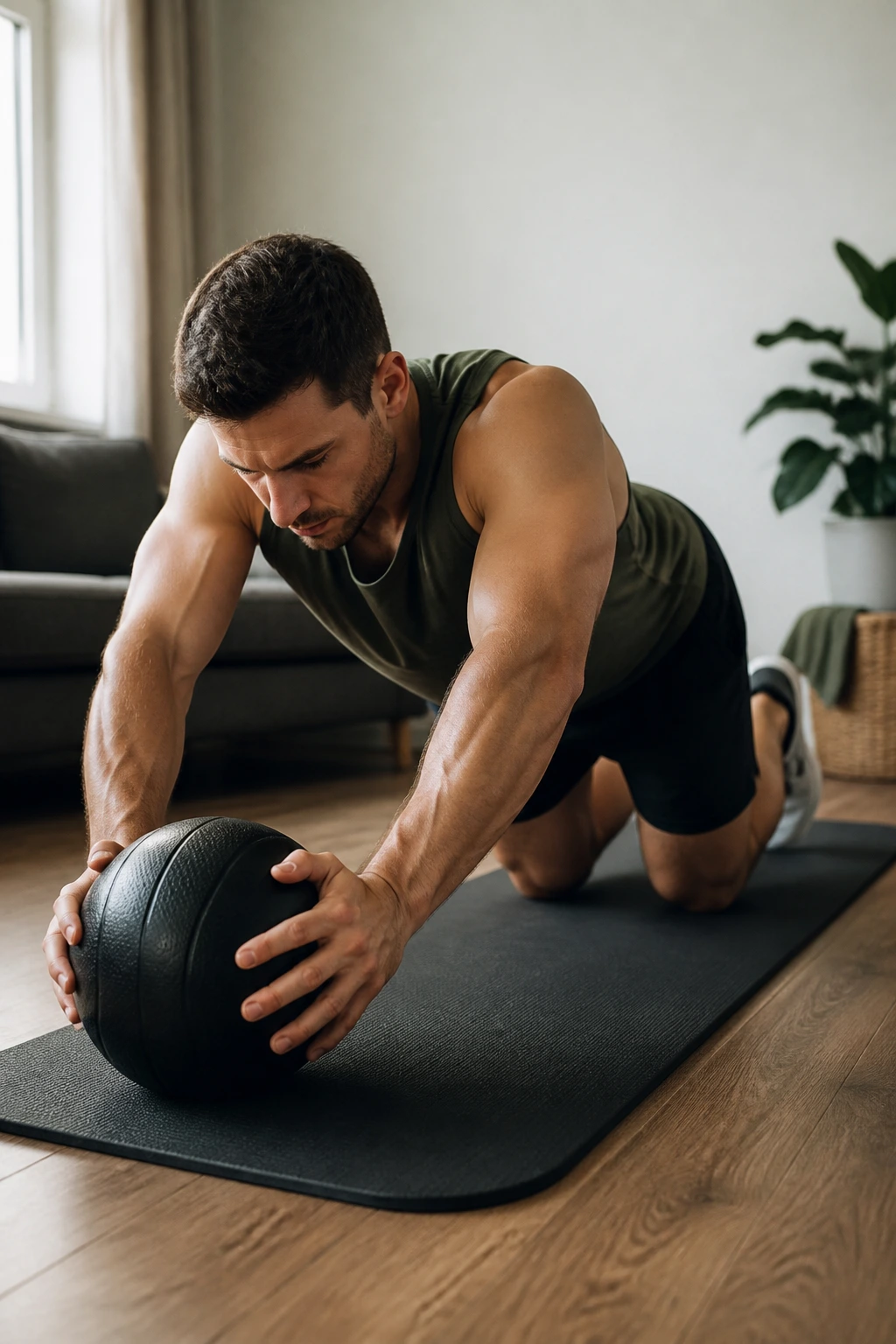 Person kneeling and rolling medicine ball forward on mat