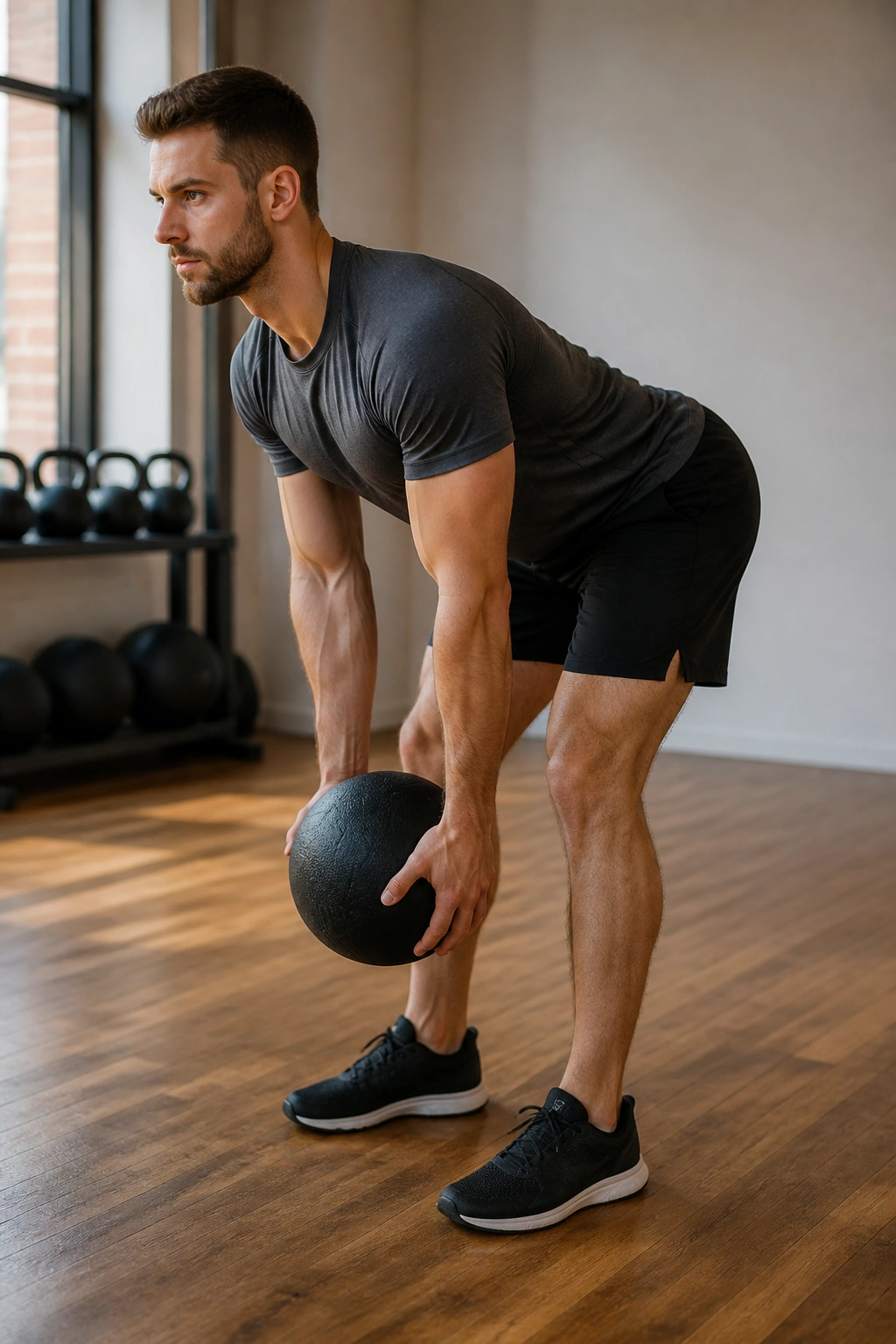 Person performing Romanian deadlift with medicine ball in gym