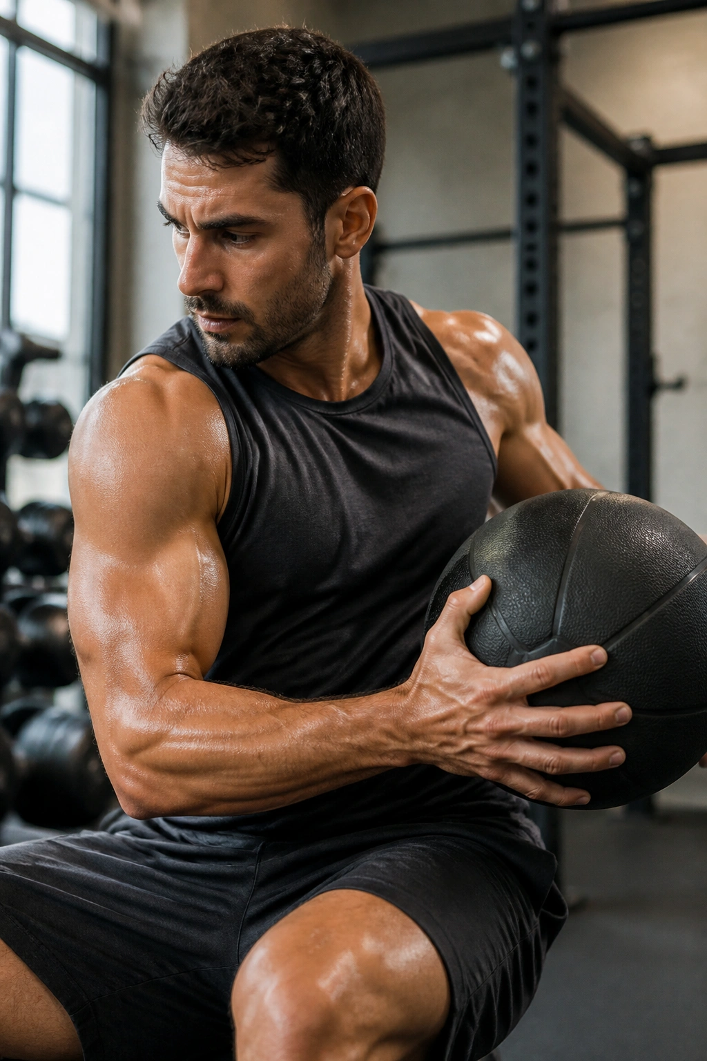Person twists with medicine ball during rotational drill in gym
