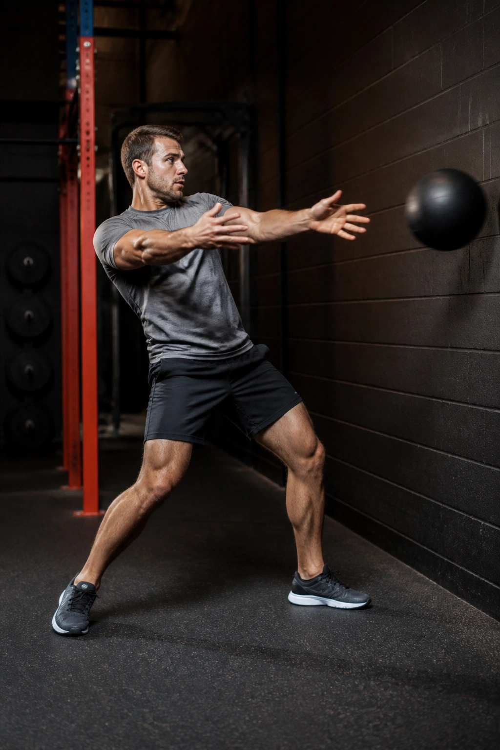 Person performing a rotational throw with medicine ball in gym