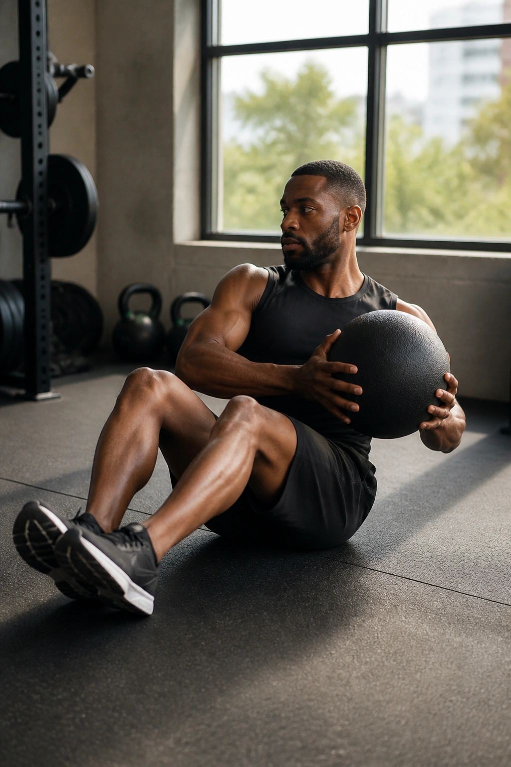 Seated Russian twist with medicine ball showing torso rotation