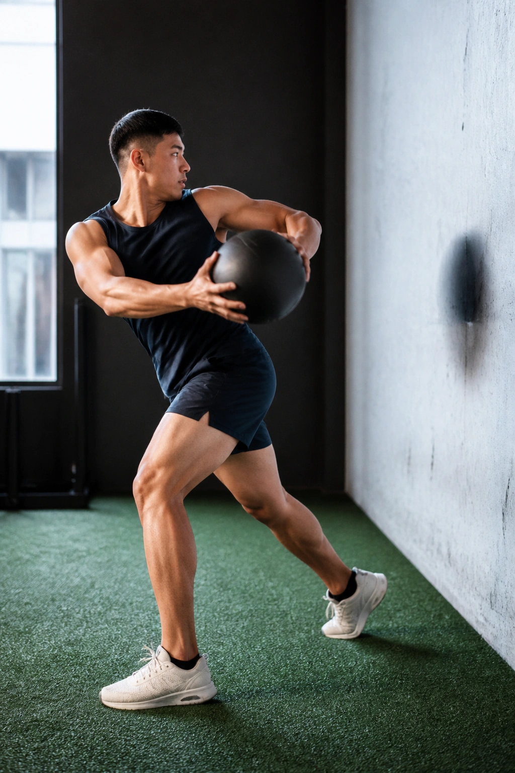 Athlete performing Medicine Ball Side Throw with rotation toward wall