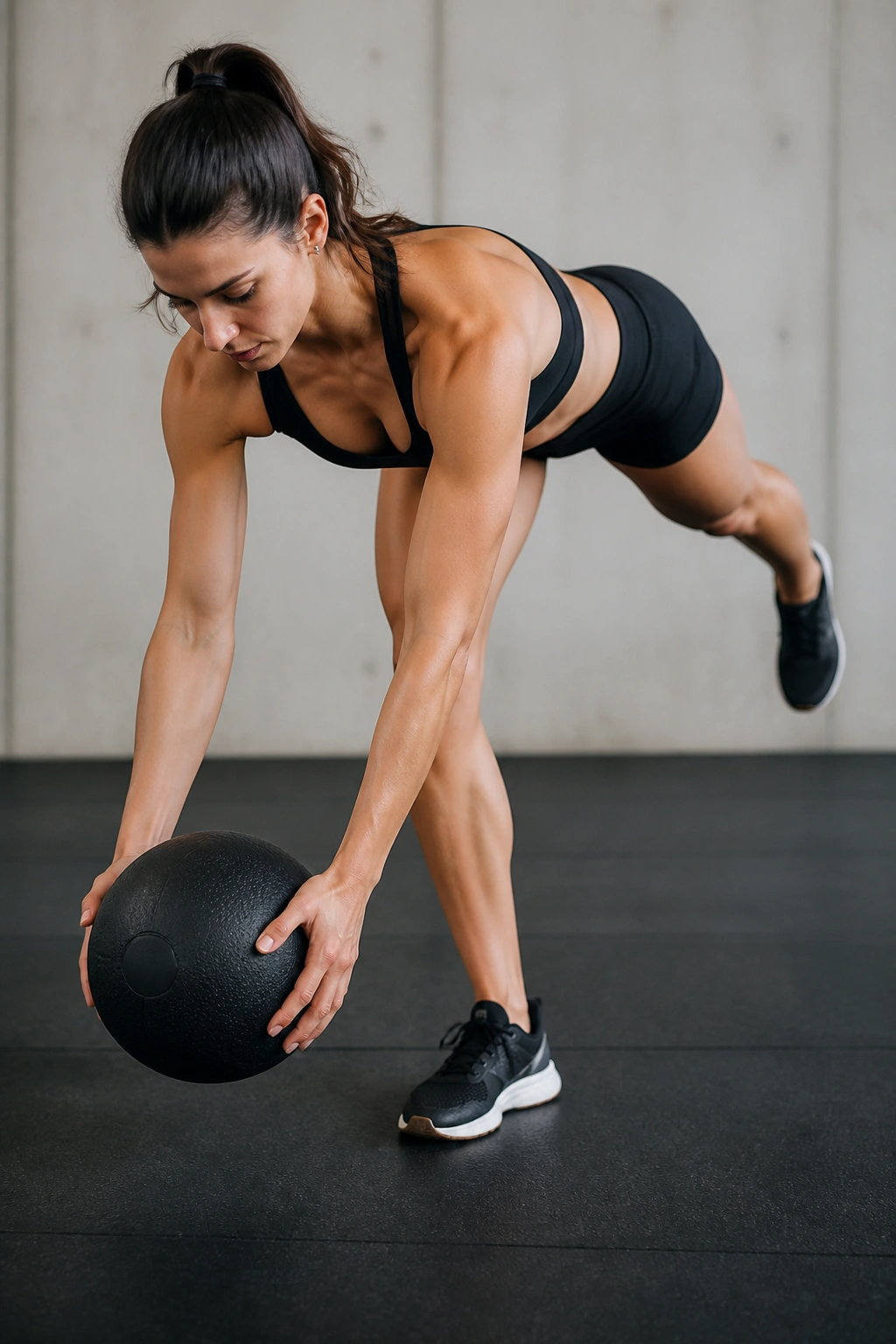 Athlete performs single-leg reach with medicine ball in gym