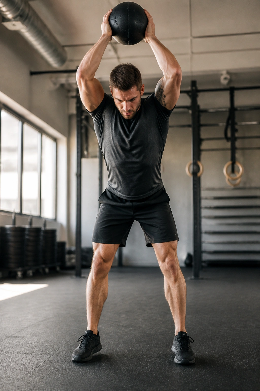 Athlete preparing to slam a medicine ball in a gym setting.