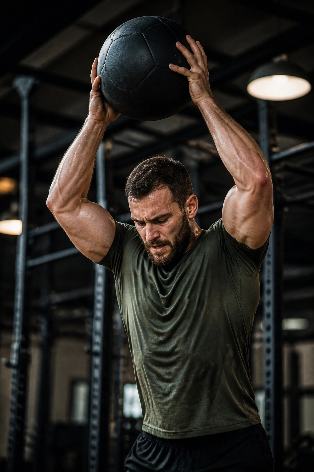Athlete performing medicine ball slam during burpee-style movement in a gym
