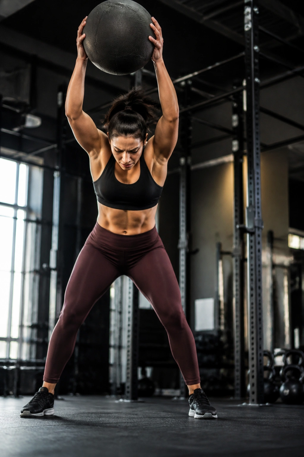 Athlete performing medicine ball slam in gym, cardio