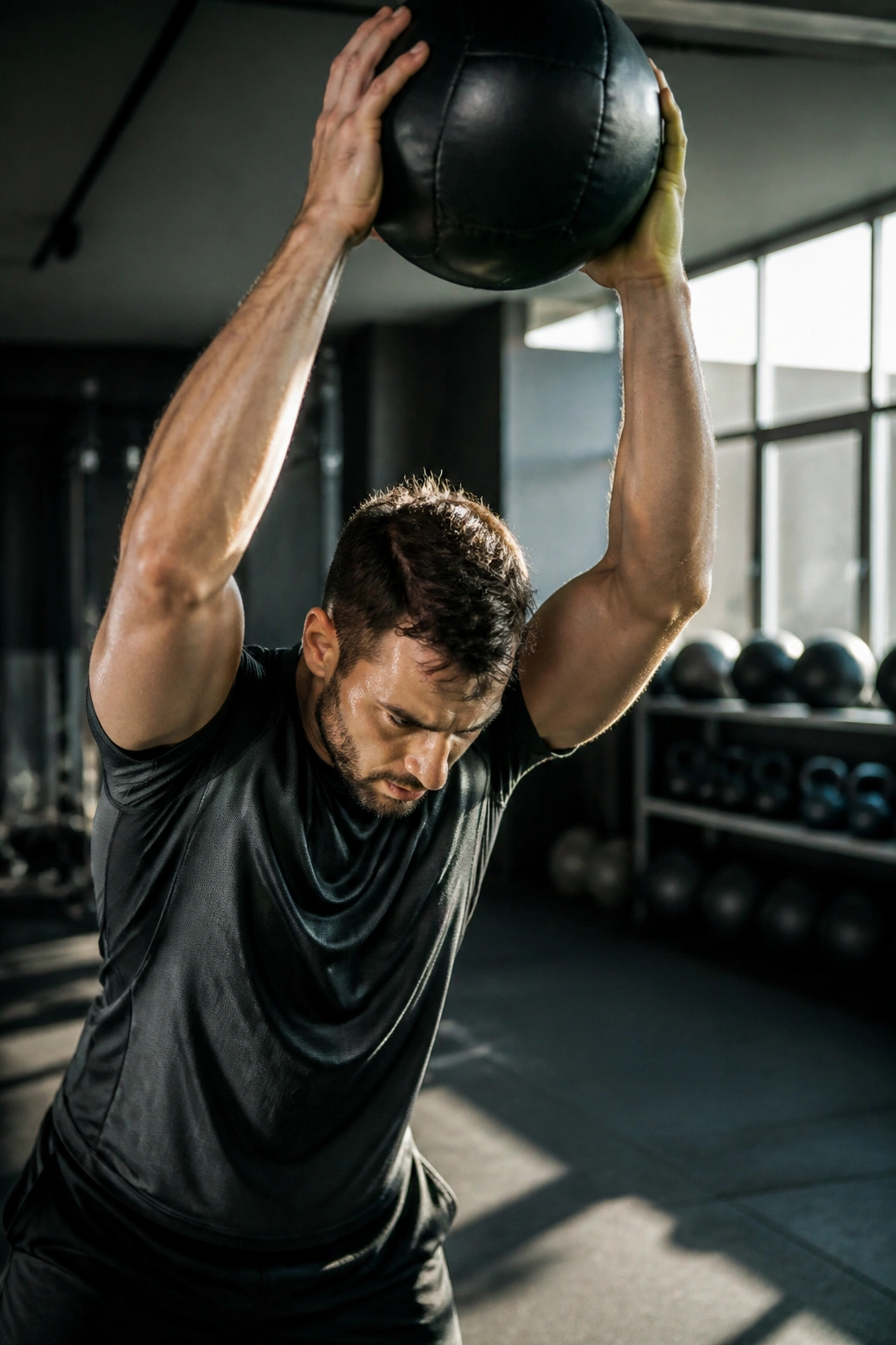 Athlete performing medicine ball slam in gym with overhead ball