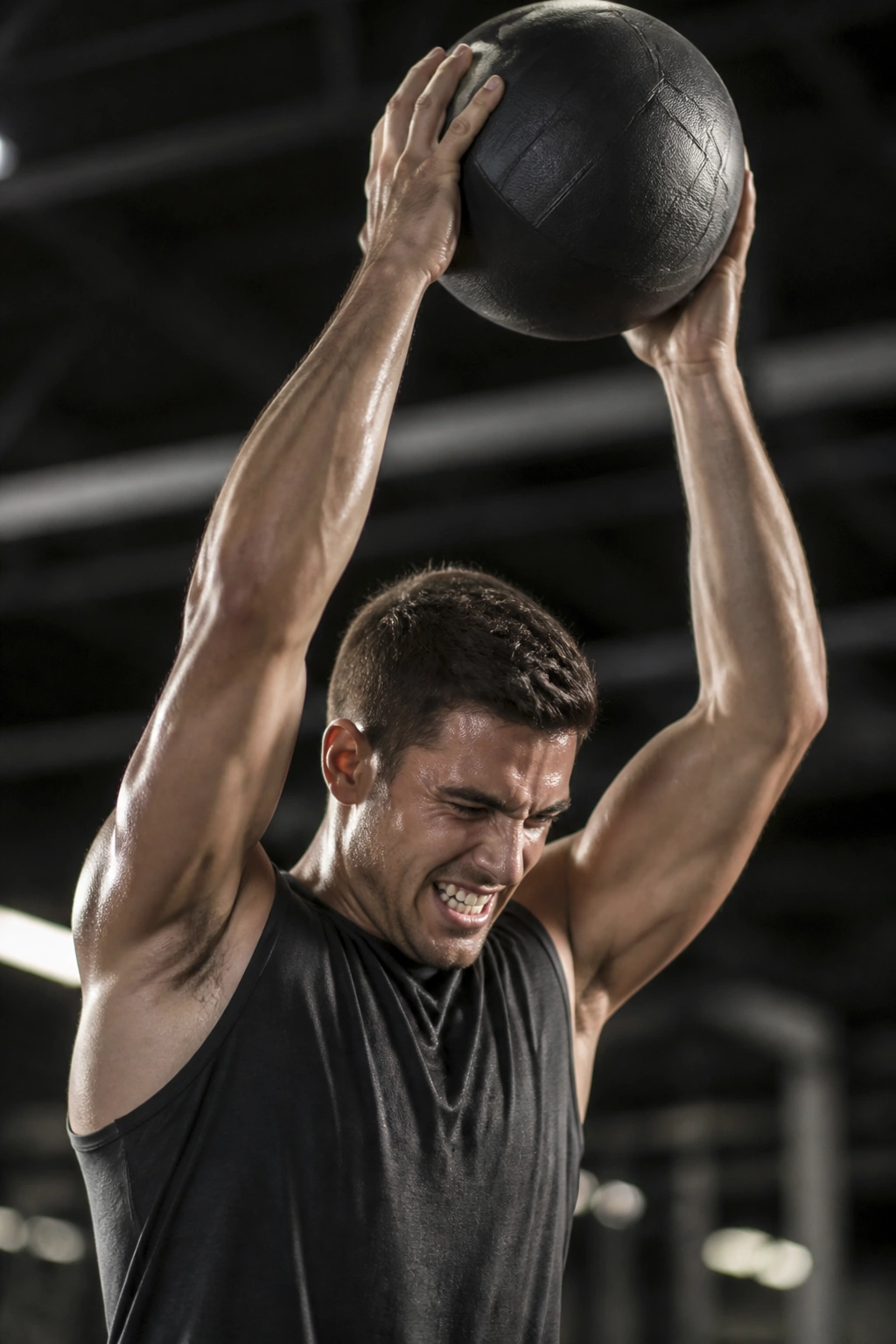 Athlete overhead medicine ball slam during explosive complex